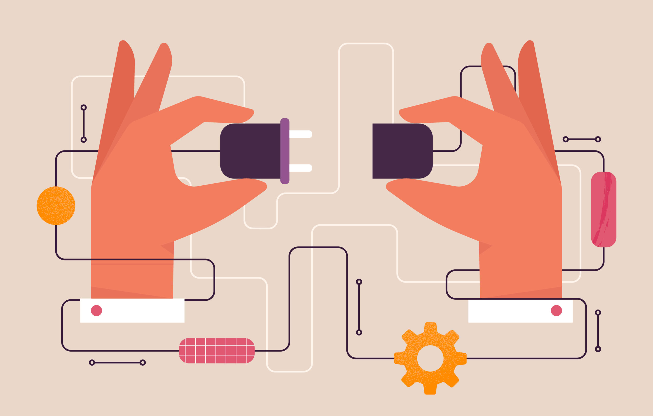 Two hands connecting an electric plug and a power socket together. Integration, connection, collaboration concept. Electrical circuit, wiring. Isolated flat vector illustration