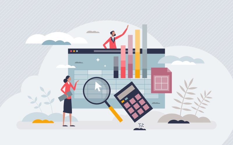 Business account spreadsheet page and data columns for reports tiny person concept. Office document file with financial charts, analytical bars and profit information numbers vector illustration.